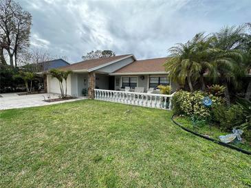Charming single-story home featuring a well-manicured lawn, inviting front porch, and lush landscaping at 4608 Apple Ridge Ln, Tampa, FL 33624