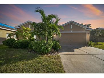 Tan house exterior with two-car garage and landscaping at 724 Griffen Heights Ct, Ruskin, FL 33570