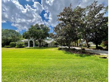 Expansive lawn and mature trees complement this single-story home with a classic architectural design at 168 Rue Des Chateaux, Tarpon Springs, FL 34688