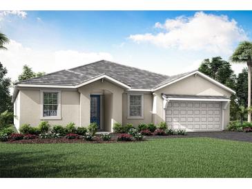 One-story home with light beige exterior, dark blue door, and two-car garage at 18440 Vista Park Ter, Venice, FL 34293