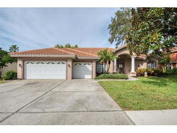 Two-story house with a large driveway, two-car garage and well-manicured lawn at 246 Old Oak Cir, Palm Harbor, FL 34683