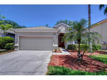 Charming one-story home featuring a well-manicured lawn, mature trees, and an attached two-car garage at 15501 Pepper Pine Ct, Land O Lakes, FL 34638