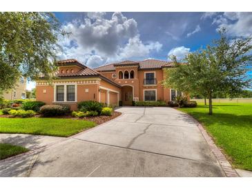 Two-story house with terracotta tile roof, landscaped yard, and a three-car garage at 20103 Shady Hill Ln, Tampa, FL 33647