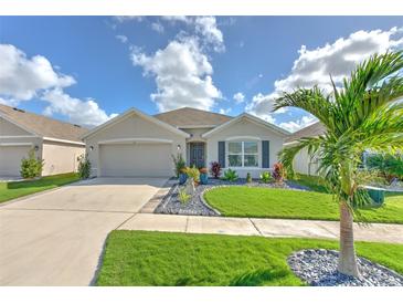 Charming single-story home with a well-manicured lawn and a palm tree in the front yard at 555 Calico Scallop St, Ruskin, FL 33570