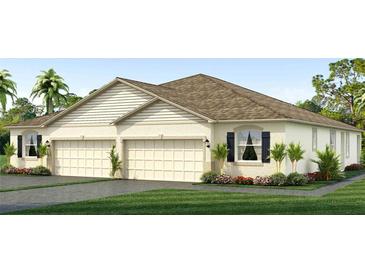 Tan three-car garage home with dark shutters at 669 157Th E Ct, Bradenton, FL 34212