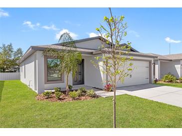 Single-story home with gray exterior, landscaping and a two-car garage at 29596 Fedora Cir, Brooksville, FL 34602