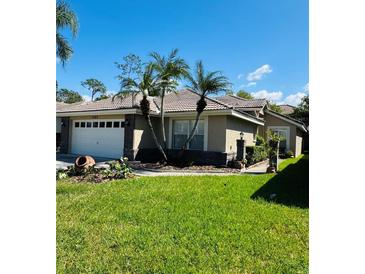 Single-story home with attached garage and palm trees at 1404 Woodstream Dr, Oldsmar, FL 34677