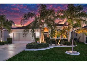 Well-maintained house with palm trees, landscaped yard, and a spacious driveway at 1647 Emerald Dunes Dr, Sun City Center, FL 33573