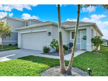 Gray house with light blue door, two palm trees, and a well-manicured lawn at 10715 High Noon Trl, Parrish, FL 34219