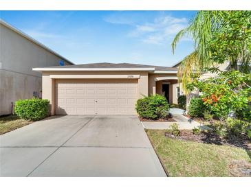 Tan single-Gathering home with a two-car garage at 17036 Peaceful Valley Dr, Wimauma, FL 33598