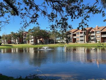 Waterfront community view with pond and fountain, featuring multiple apartment buildings at 10200 Gandy N Blvd # 921, St Petersburg, FL 33702