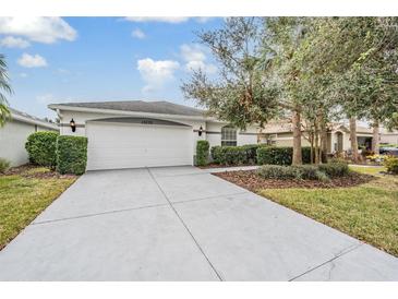 House exterior features a two-car garage and well-manicured landscaping at 10230 Old Tampa Bay Dr, San Antonio, FL 33576