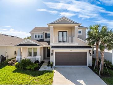 Two-story house with a two-car garage, landscaped lawn, and palm trees at 10551 Tranquil Meadow Loop, Riverview, FL 33569