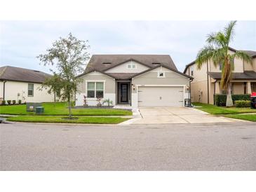 Two-story house with gray siding, two-car garage, and well-manicured lawn at 7465 Yale Harbor Dr, Wesley Chapel, FL 33545