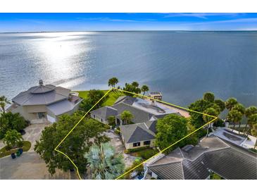 Aerial view of waterfront home with pool and private dock at 5033 W San Miguel St, Tampa, FL 33629