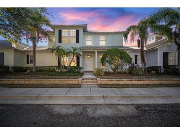 Two-story light green house with a white door, landscaping, and a metal roof at dusk at 322 Ibisview Ln, Apollo Beach, FL 33572