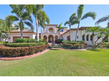 Beautiful Mediterranean style home with lush landscaping, mature palms, and a manicured lawn at 5407 Tybee Island Dr, Apollo Beach, FL 33572