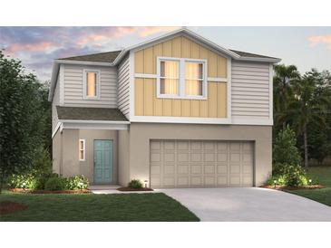 Two-story house with light beige and yellow siding, teal door, and two-car garage at 7735 Peace Lily Ave, Wesley Chapel, FL 33545