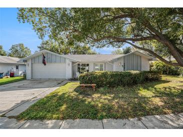 Ranch-style home with attached garage, mature landscaping, and a spacious front yard at 3069 Pin Oak Dr, Clearwater, FL 33759