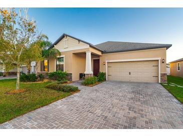 Tan house with brown door, paved driveway, and landscaped yard at 13423 White Sapphire Rd, Riverview, FL 33579
