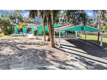 Mint green house with carport, surrounded by lush greenery at 7106 Riverwood Blvd, Tampa, FL 33615