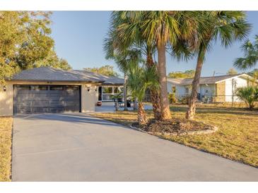 House exterior featuring a modern garage door and palm trees in the front yard at 911 S Florida Ave, Tarpon Springs, FL 34689