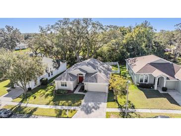 Charming single-story home featuring a well-manicured lawn, mature trees, and a two-car garage at 35608 Welby Ct, Zephyrhills, FL 33541
