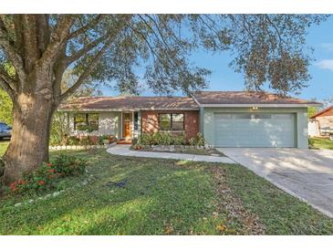 Brick ranch home with attached garage and mature landscaping at 3407 King George Ln, Seffner, FL 33584