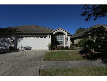 House exterior featuring a two-car garage and well-manicured landscaping at 19409 Weymouth Dr, Land O Lakes, FL 34638