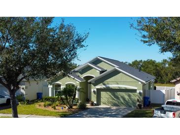 Green house with gray roof, two-car garage, and landscaping at 11341 Flora Springs Dr, Riverview, FL 33579