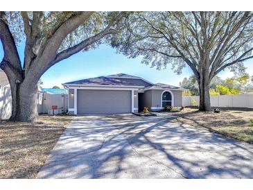 Gray house with a two-car garage and a large driveway, surrounded by mature trees at 1732 Tinker Dr, Lutz, FL 33559