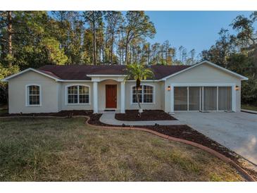 Single-story house with red tile roof, attached garage, and manicured lawn at 9800 Mendel Dr, New Port Richey, FL 34654