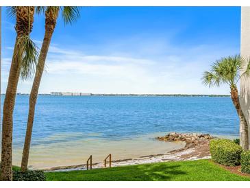 A serene waterfront view features palm trees, blue water, and stairs leading to the beach at 5633 Puerta Del Sol S Blvd # 208, St Petersburg, FL 33715