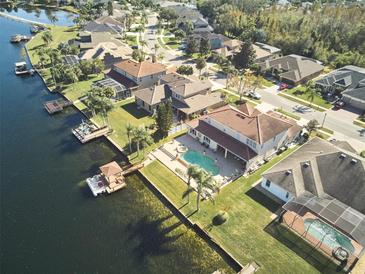 Aerial view of waterfront home with pool, dock, and lush landscaping at 16501 Ivy Lake Dr, Odessa, FL 33556