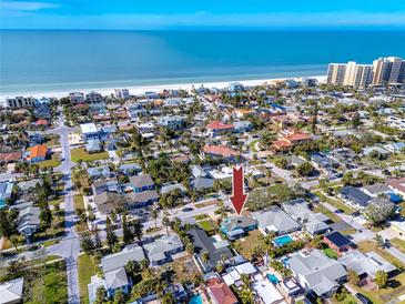 Aerial view showing home's location near the beach at 815 Lantana Ave, Clearwater Beach, FL 33767
