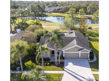 Aerial view of a house with a golf course and lake in the background at 11228 Bloomington Dr, Tampa, FL 33635