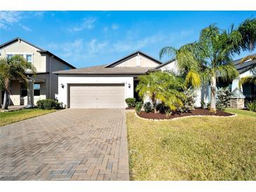 Single-Gathering home with a two-car garage and landscaped front yard at 13210 Orca Sound Dr, Riverview, FL 33579