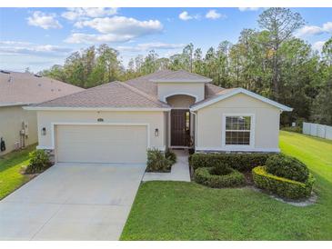 One-story home with attached garage, landscaping, and a neutral color palette at 15354 Sweet Springs Bnd, Odessa, FL 33556