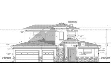 Two-story house elevation with stone veneer, stucco, and gable roof at 271 Larocca Ct, Palm Harbor, FL 34683