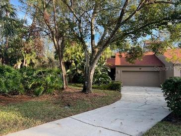 Condo exterior with driveway, garage, and landscaping at 10 Woodridge Cir, Oldsmar, FL 34677