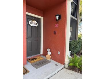 Inviting condo entry with dark brown door, welcome mat, and seasonal decor at 5764 Baywater Dr # 5764, Tampa, FL 33615