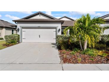 Front exterior of a single-story home with a two-car garage, driveway, and lush landscaping at 6421 Mooring Line Cir, Apollo Beach, FL 33572