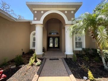 Inviting front entrance features a grand archway, decorative columns, and lush landscaping at 10101 Paddock Oaks Dr, Riverview, FL 33569