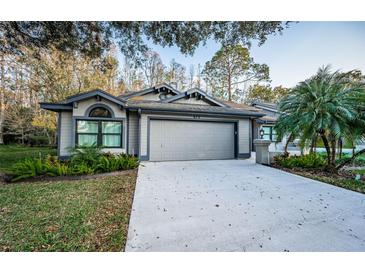 House exterior featuring a gray two-car garage and well-manicured landscaping at 873 Lucas Ln, Oldsmar, FL 34677