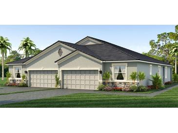 Two-car garage, light gray exterior, landscaping, and dark gray roof at 18369 Cropside Trl, Lakewood Ranch, FL 34211