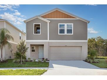 Two-story house with gray siding, two-car garage, and landscaping at 7639 Peace Lily Ave, Wesley Chapel, FL 33545