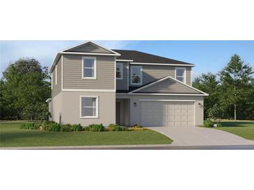 Two-story house with gray siding, a two-car garage, and a landscaped lawn at 10269 Purple Leaf Ct, Riverview, FL 33578