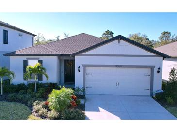 One-story home with gray and white exterior, landscaped yard, and two-car garage at 12969 Brookside Moss Dr, Riverview, FL 33579