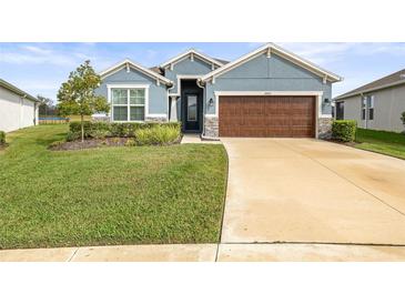 Single-story home with a brown garage door and well-manicured lawn at 34251 Radley Way, Wesley Chapel, FL 33545