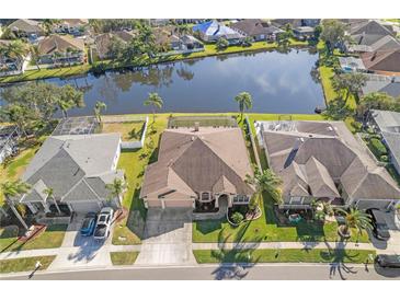 A captivating aerial view of a home backing onto a serene lake, surrounded by lush greenery and neighboring properties at 1406 Deerbourne Dr, Wesley Chapel, FL 33543